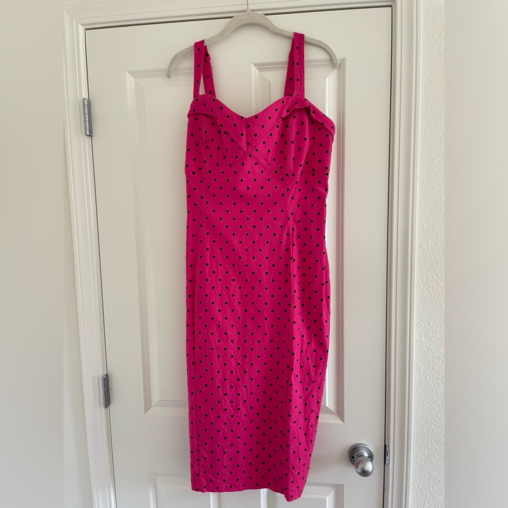 MANEATER WIGGLE DRESS IN HOT PINK POLKA DOT - VIXEN BY MICHELINE PITT